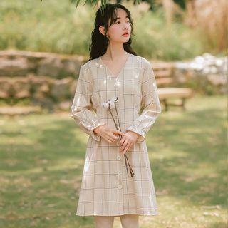 Plaid Button-front Long-sleeve Dress