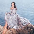 Floral Print Off-shoulder Long-sleeve A-line Maxi Dress