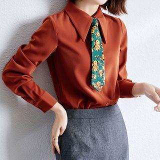 Set: Long-sleeve Plain Shirt + Floral Print Tie