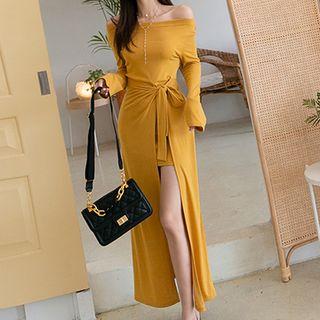 Set: Long-sleeve Off Shoulder Mini Sheath Dress + Wrap Skirt