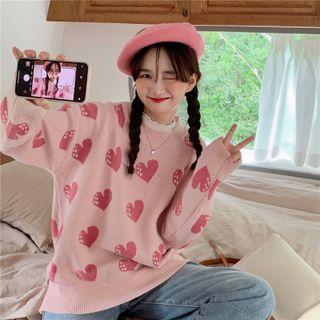 Round Neck Heart Sweater Sweater - Love Heart - Pink & Red - One Size