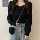 Lantern-sleeve Knit Top Black - One Size