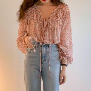 Puff-sleeve Floral Print Blouse Floral - Red - One Size