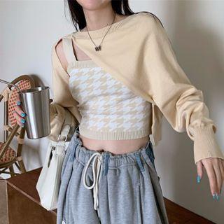 Set : Long-sleeve Plain Knit Shrug + Houndstooth Knit Camisole Top