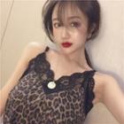 Lace Panel Leopard Print Sleeveless Top Leopard - One Size