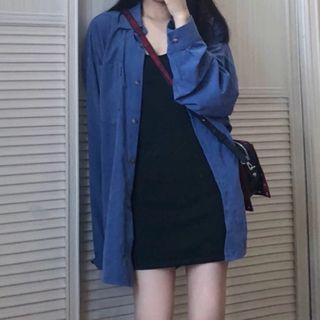 Long-sleeve Plain Shirt / Spaghetti Strap Knit Mini Bodycon Dress