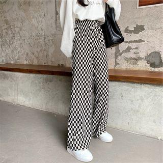 Elastic Waist Plaid Straight Leg Pants Plaid - Black & White - One Size