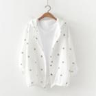 Leaf Embroidered Hooded Long Sleeve Light Jacket White - One Size
