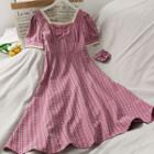 Lace-trim Ruched Checker Midi Dress