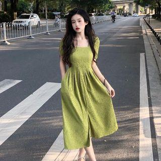 Puff-sleeve Smocked Midi A-line Dress Green - One Size