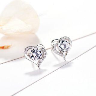 Rhinestone Heart Stud Earring 925 Silver - One Size