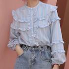 Striped Ruffled Blouse Blue - One Size