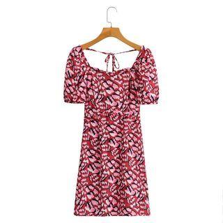 Puff-sleeve Patterned Mini A-line Dress