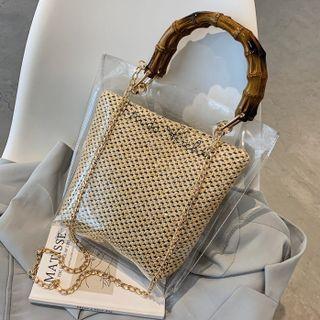 Chain Top Handle Pvc Crossbody Bag With Woven Pouch
