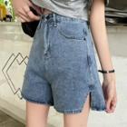High-waist Side-slit Wide-leg Denim Shorts