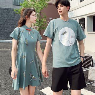 Couple Matching Short-sleeve Dragonfly Print T-shirt / Shorts / Short-sleeve Dragonfly Embroidered A-line Dress