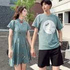 Couple Matching Short-sleeve Dragonfly Print T-shirt / Shorts / Short-sleeve Dragonfly Embroidered A-line Dress