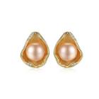 Sterling Silver Fashion Simple Shell Pink Freshwater Pearl Stud Earrings Golden - One Size