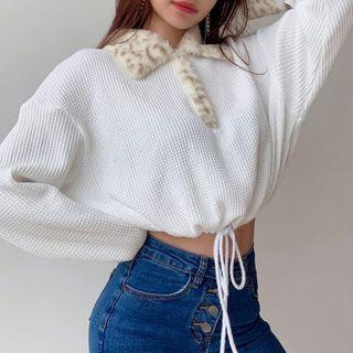 Color-block Panel Faux Fur Long-sleeve Knit Sweatshirt
