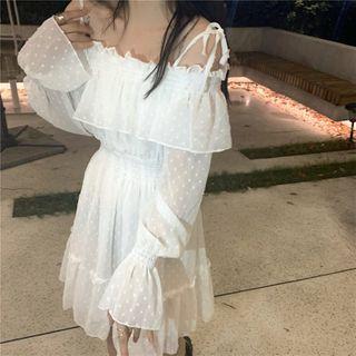 Off-shoulder Chiffon Ruffle Trim Dress As Shown In Figure - One Size