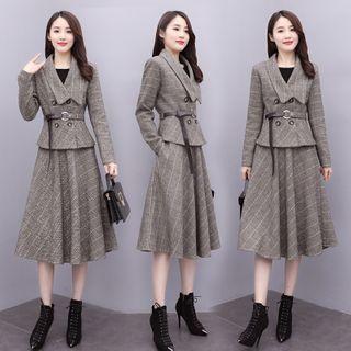 Set: Plaid Double-breasted Blazer + Midi A-line Skirt