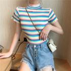 Mock Neck Short-sleeve Striped Top Stripe - Multicolor - One Size