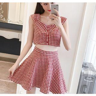 Set: Plaid Cropped Tank Top + Mini A-line Plaid Skirt