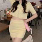 Short-sleeve Button-up Knit Top / Pencil Skirt