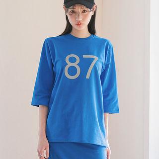 Set: Elbow-sleeve Lettering T-shirt + Drawstring-waist Midi Skirt