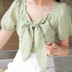 Puff-sleeve Gingham Bow Blouse