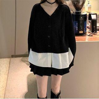 Mock Two-piece V-neck Cardigan Black & White - One Size