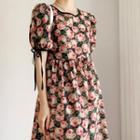 Short-sleeve Flower Print A-line Dress / Midi A-line Dress