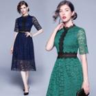 Short-sleeve Two-tone Midi A-line Lace Dress