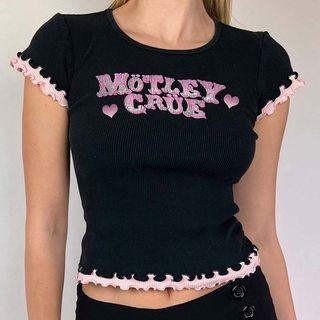 Short-sleeve Frill Trim Lettering Top