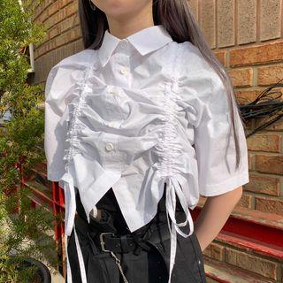 Elbow-sleeve Drawstring Cropped Shirt