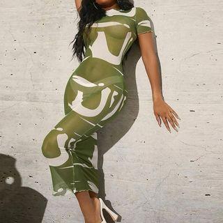 Short-sleeve Print Mesh Midi Sheath Dress