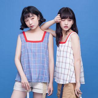Check Square-neck Loose-fit Tank Top