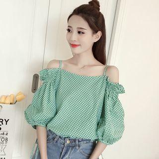 Dotted Open Shoulder Elbow-sleeve Top