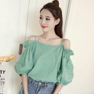 Dotted Open Shoulder Elbow-sleeve Top