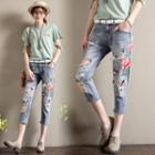 Embroidered Distressed Slim-fit Jeans