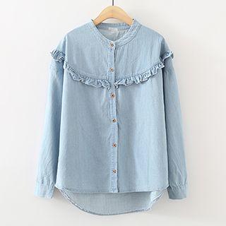Frill Trim Collarless Denim Shirt