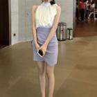 Set: Sleeveless Bow Blouse + Mini Skirt
