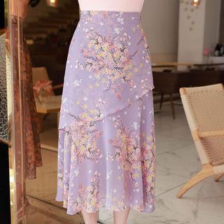 Layered-front Floral Long Skirt