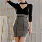 3/4-sleeve Mock Two-piece Bodycon Dress