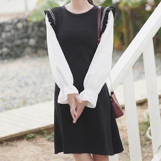 Mock Two-piece Long-sleeve Shift Dress Black - One Size