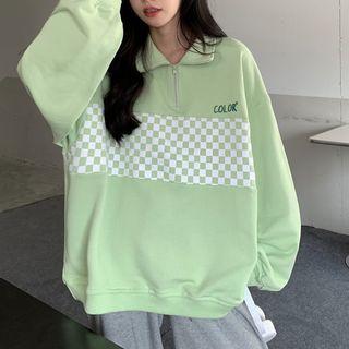 Long-sleeve Plaid Print Half-zip Sweatshirt