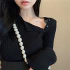 Long-sleeve Asymmetrical Button-accent Knit Top