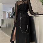 Long-sleeve Mesh Top / Drawstring Waist Midi Skirt / Waist Chain