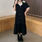Short-sleeve Buttoned A-line Midi Dress Black - One Size