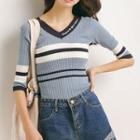 Striped Elbow-sleeve V-neck Knit Top